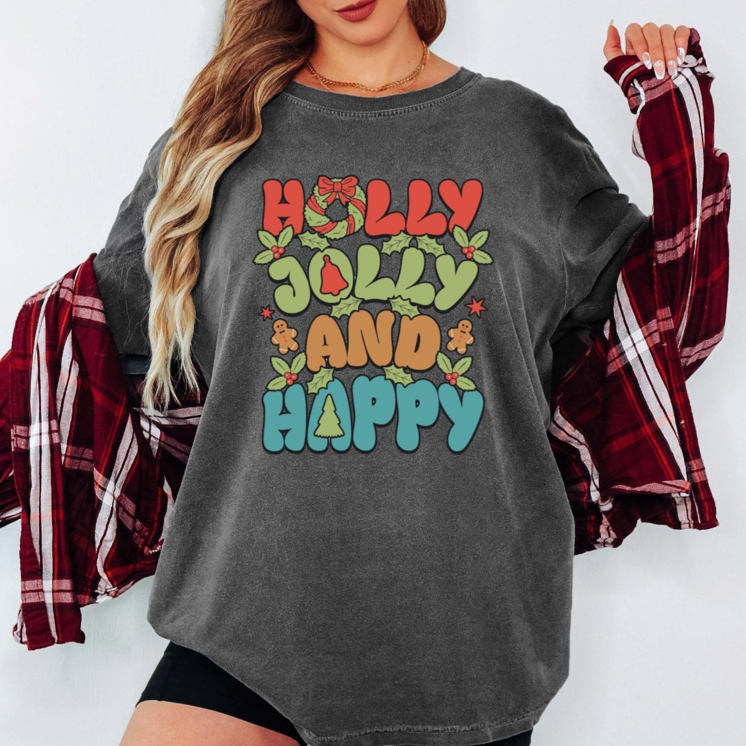 Holly Jolly and Happy Christmas Sweatshirt, Retro Xmas Graphic Tee, Cute Holiday Pullover, Vintage Christmas Shirt, Unisex Winter Gift