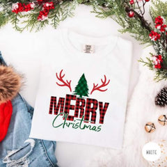 Buffalo Plaid Merry Christmas Shirt, Reindeer Antler Tree Tee, Retro Xmas Graphic T-Shirt, Holiday Gift Top, Unisex Winter Outfit