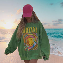 Nirvana Smiley Face Sweatshirt, Nirvana Smiley Face Crewneck, Nirvana Shirt, Nirvana Oversized Sweatshirt, Heliconia Pink Color, Trendy Tees (Classic Version) - Shirt King