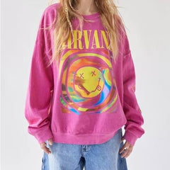 Nirvana Smiley Face Sweatshirt, Nirvana Smiley Face Crewneck, Nirvana Shirt, Nirvana Oversized Sweatshirt, Heliconia Pink Color, Trendy Tees (Classic Version) - Shirt King